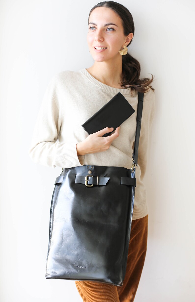 Handmade Large Leather Backpack, Black Leather Backpack, Glossy leather purse, Leather Laptop Backpack, Qisabags image 4