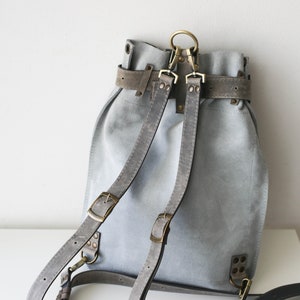 Leather Backpack Purse, Leather Backpack for Women, Leather Sling Backpack, Gray Suede Leather Shoulder Bag image 9