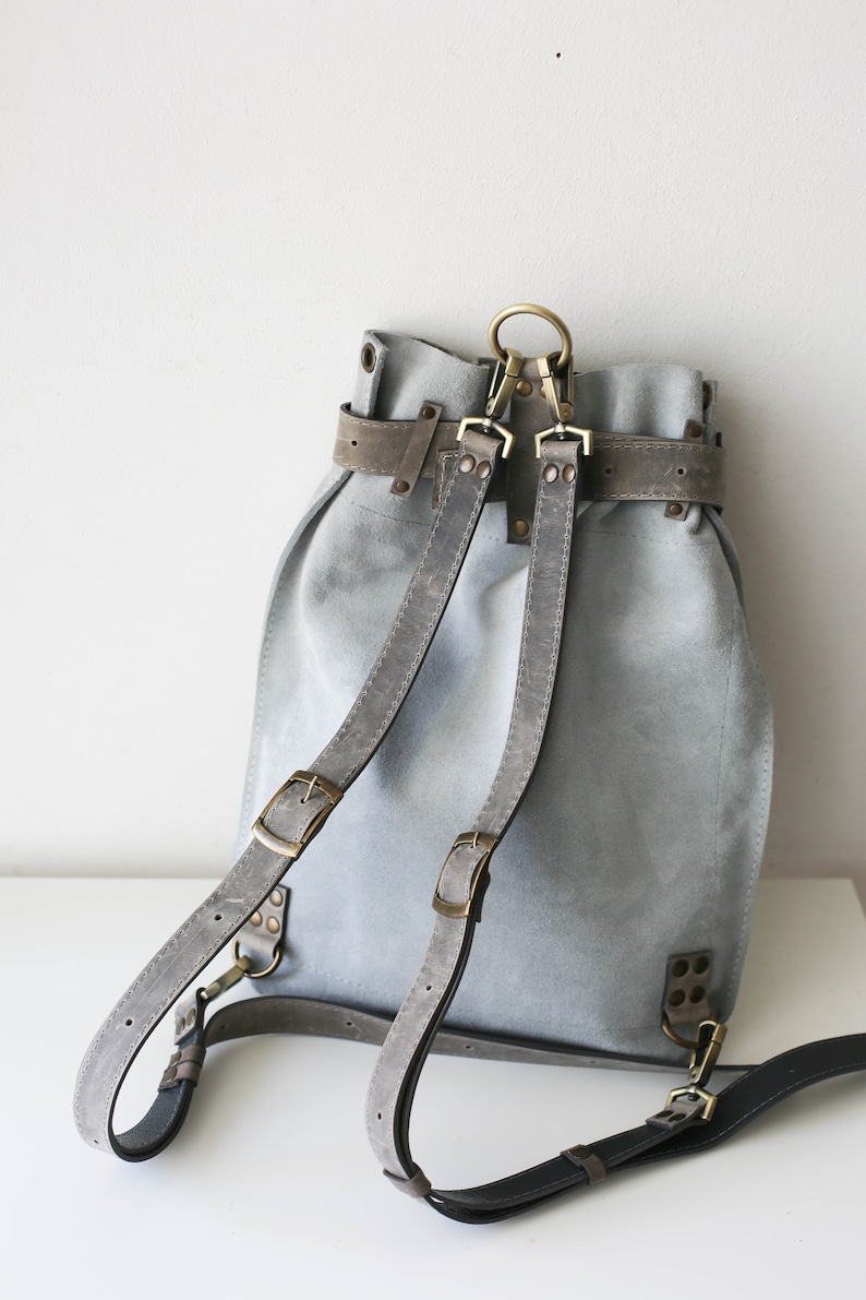 Leather Backpack Purse, Leather Backpack for Women, Leather Sling Backpack, Gray Suede Leather Shoulder Bag image 9