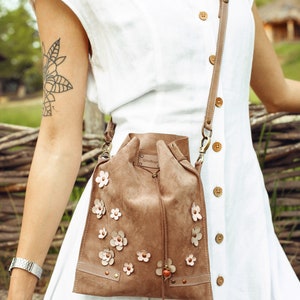 Small Leather Bag, Leather Waist Bag, Leather Gift for Her, Floral Leather Bag, Leather Accessories women Without Chain