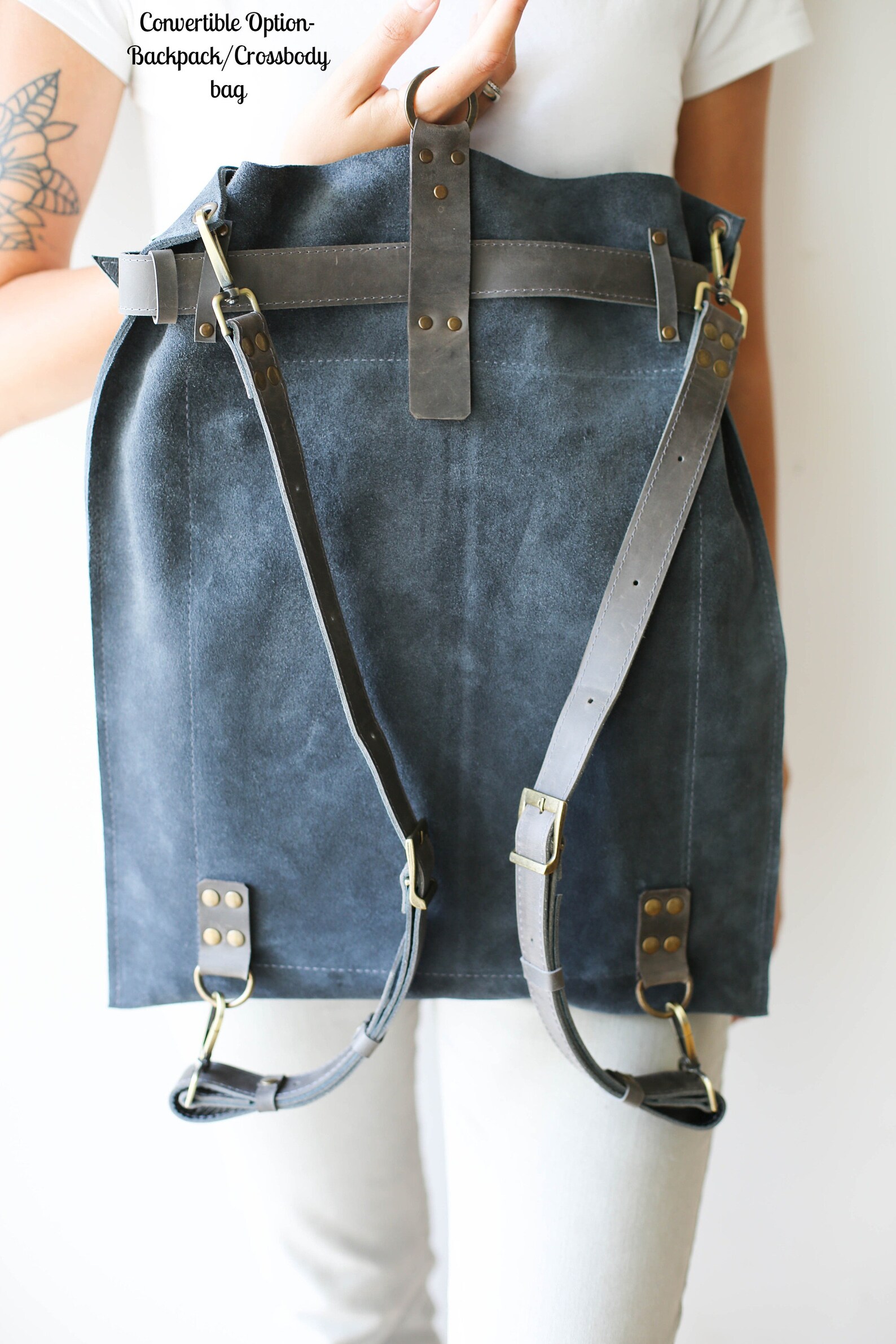 Gray Leather Backpack Convertible Backpack Purse Large Etsy