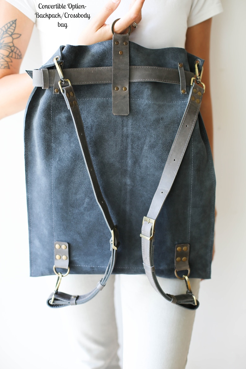 Gray Leather Backpack, Convertible Backpack Purse, Large Leather Backpack, Women Laptop Backpack, Suede Bag image 6