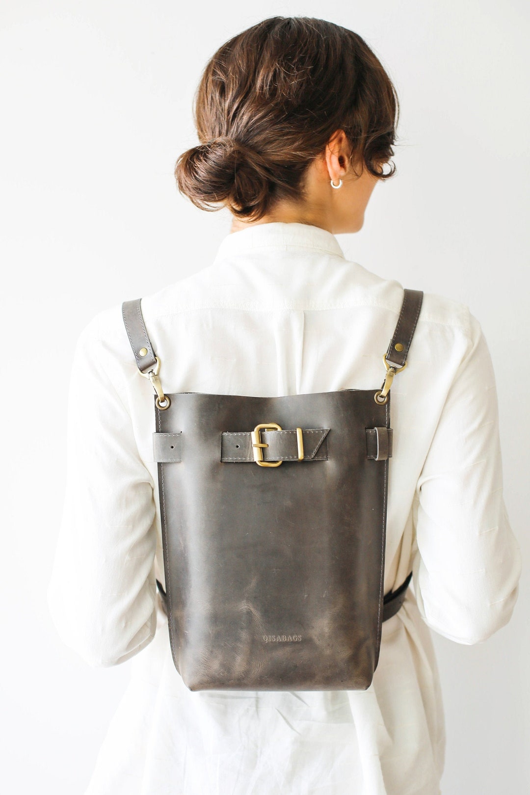 Gray Leather Backpack Backpacks for Women Minimalist Etsy