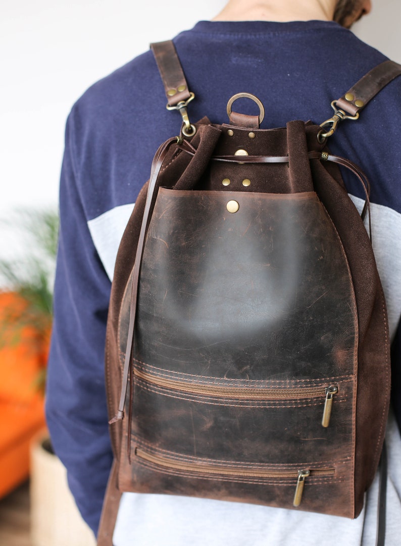 Men's Leather Backpack, Brown Leather Backpack, Laptop Backpack for Men and Women, Leather Rucksack, Minimalist Backpack 画像 4