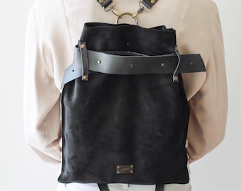 Black Leather Backpack, Leather Backpack Purse, Black Suede Backpack, Leather Gift