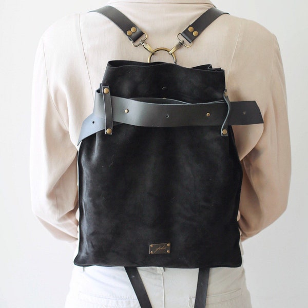 Black Leather Backpack, Leather Backpack Purse, Black Suede Backpack, Black Leather Purse for Women