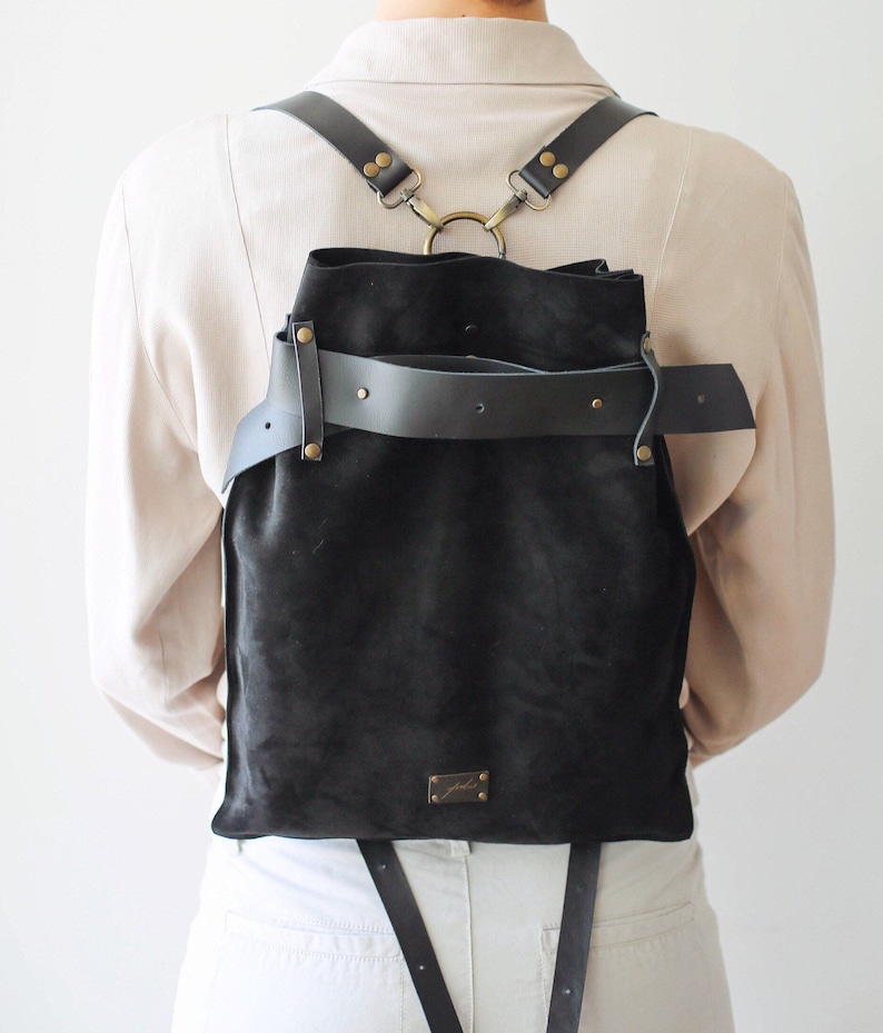 Black Leather Backpack, Leather Backpack Purse, Black Suede Backpack, Black Leather Purse for Women 