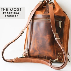 Brown Leather Bag, Women's Leather Backpack, Cognac Leather Shoulder Bag, Bucket Bag, Laptop Backpack with Pockets, Backpack Purse image 4