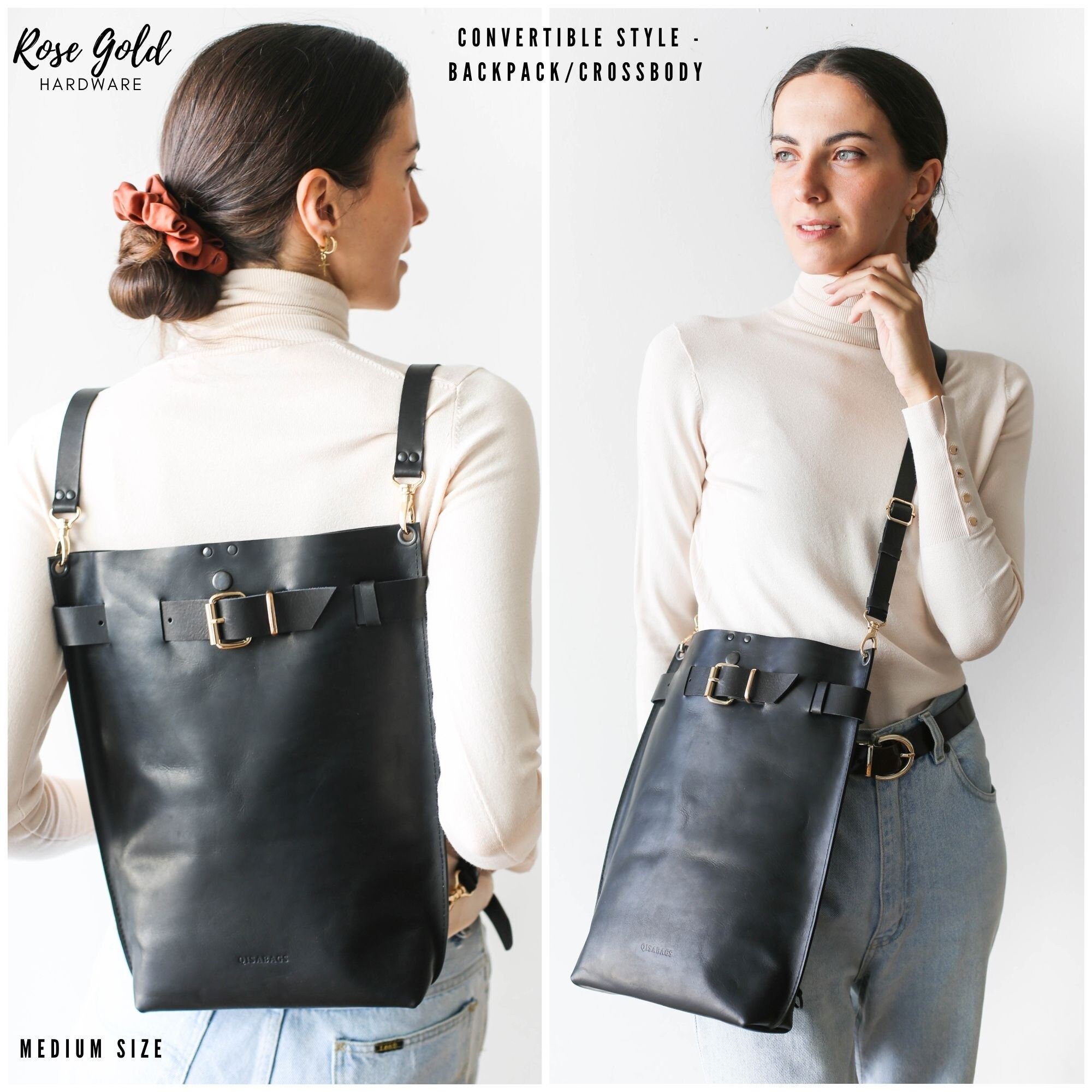 Black Leather Bag, Leather Backpack Purse, Leather Handbag
