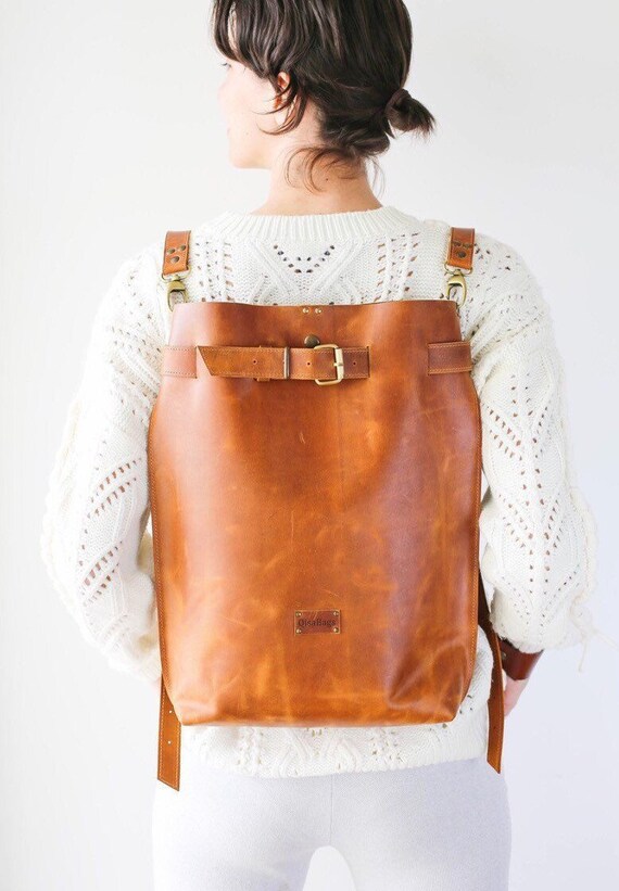 Laptop Leather Bag Brown Backpack Large Brown Bag Travel | Etsy