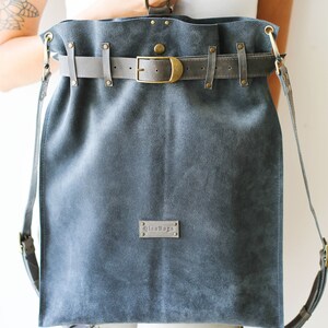 Gray Leather Backpack, Convertible Backpack Purse, Large Leather Backpack, Women Laptop Backpack, Suede Bag image 5