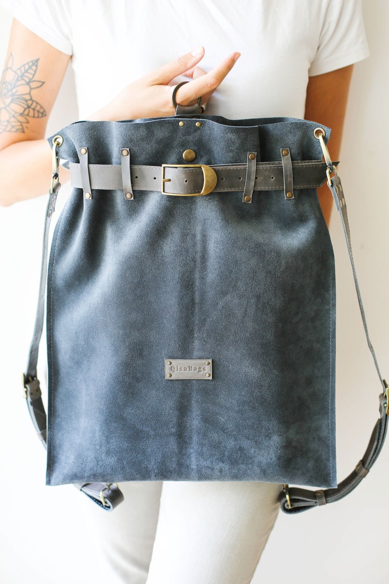 Gray Leather Backpack, Convertible Backpack Purse, Large Leather Backpack, Women Laptop Backpack, Suede Bag image 5