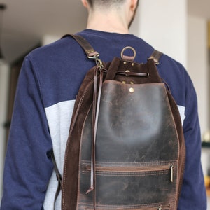 Men's Leather Backpack, Brown Leather Backpack, Laptop Backpack for Men and Women, Leather Rucksack, Minimalist Backpack 画像 7