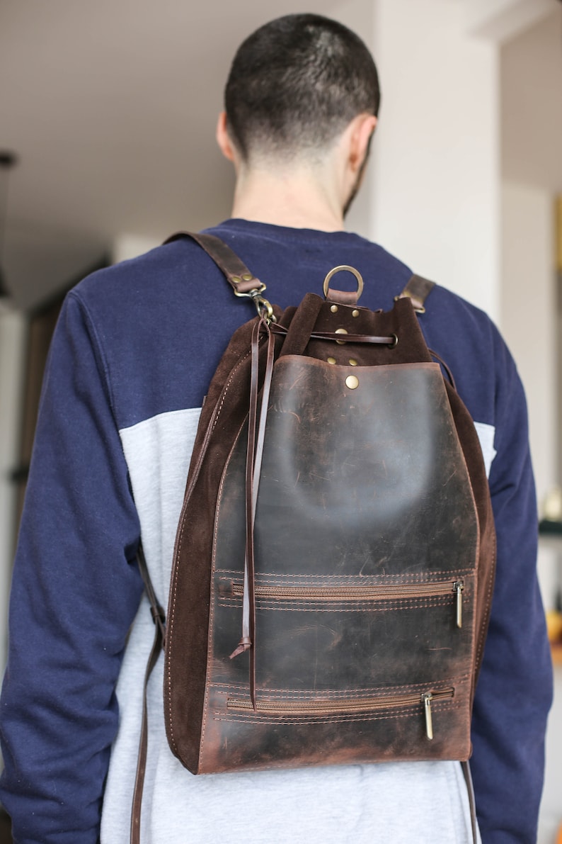 Men's Leather Backpack, Brown Leather Backpack, Laptop Backpack for Men and Women, Leather Rucksack, Minimalist Backpack 画像 7