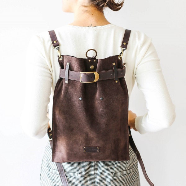 Suede Bag, Brown Leather Backpack, Large Suede Backpack, Womens backpack, Backpack Purse, Leather Rucksack