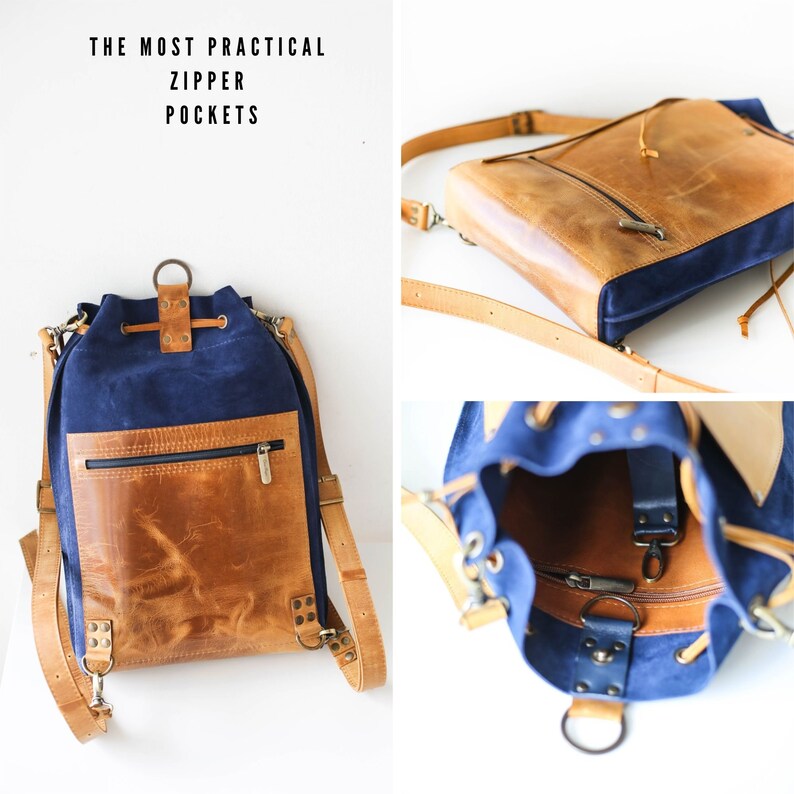 May include: A blue and brown leather backpack with a drawstring closure. The backpack has a zippered pocket on the front and adjustable straps. The text 'THE MOST PRACTICAL ZIPPER POCKETS' is displayed above the backpack.