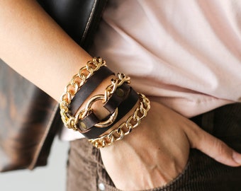 Bracelet With Gold Chain, Leather Bracelet, Women's Leather Bracelet, Leather Wrap Bracelet, Leather Jewelry