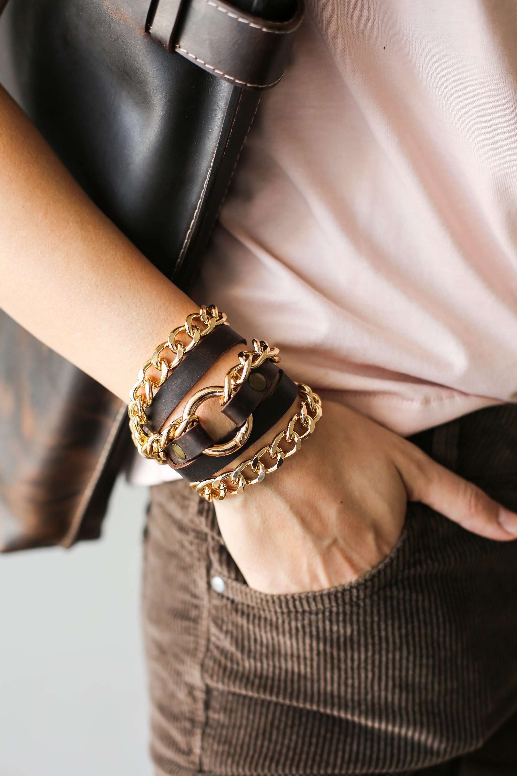Leather and gold bracelet womens deals