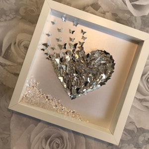 Butterfly Heart Box Frame, butterflies, heart frame, butterfly picture, silver home decor, heart picture, gifts for friends, gifts for women