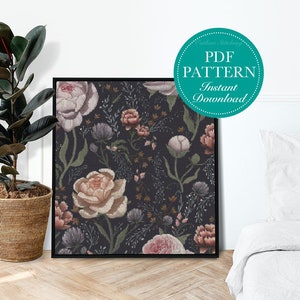 Counted Cross Stitch Pattern - Dark Floral Cross Stitch WITH Full Alphabet to Customize, DIY Flowers, Subversive