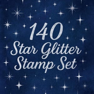 May include: A dark blue background with numerous white glitter star illustrations. The text "140 Star Glitter Stamp Set" is displayed in a silver, glittery font, indicating a crafting or art supply product.