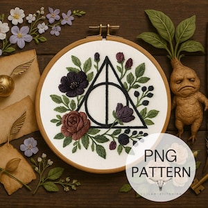 May include: An embroidery hoop featuring a black Deathly Hallows symbol surrounded by burgundy and purple flowers and green leaves. A golden snitch, aged paper, and a mandrake figure are also present. The image includes the text "PNG PATTERN".