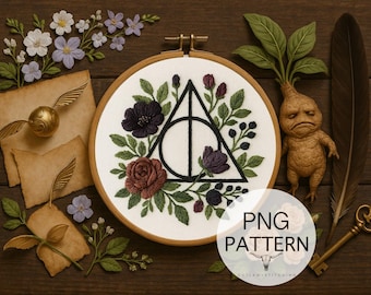 Floral Geometric Embroidery Template - Modern Castle Design (PNG Digital Download)