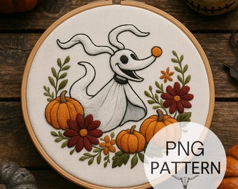 Halloween Geist Hund Stickdatei Vorlage - Herbst Blumenstich (PNG Digital Download)