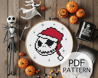 Counted Cross Stitch Pattern - Stitch Pattern, Holiday Pattern, Holiday Seasonal Pattern, Skull Santa Hat