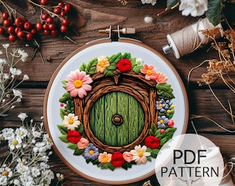 Embroidery PDF Pattern - Complete Hobbit Door Embroidery Guide, Floral Embroidery, Fiber Stitch Art, Fantasy Embroidery, DIY Patterns, Gift