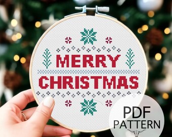Counted Cross Stitch Pattern - Merry Christmas, Christmas Cross Stitch Pattern, Holiday Pattern, Christmas Tree, Holiday Season, Merry XMas