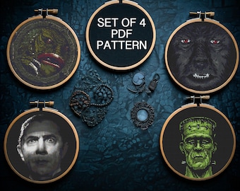 Counted Cross Stitch Pattern Set - Creature from the Black Lagoon, Dracula, Wolfman, Frankenstein, Classic Horror, Horror Cross Stitch