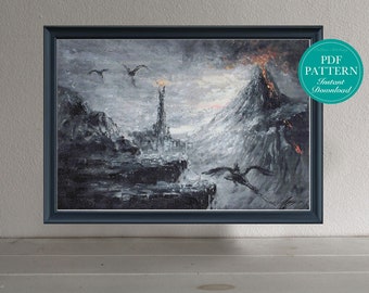 Counted Cross Stitch Pattern - Cross Stitch Pattern, Mordor, Middle Earth, Mount Doom