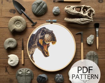 Tyrannosaurus (T-Rex) Cross Stitch Pattern, Modern Dinosaur Pattern, Dinosaur, Cretaceous, DIY Cross Stitch Art, Dinosaur Art, Fibre Art