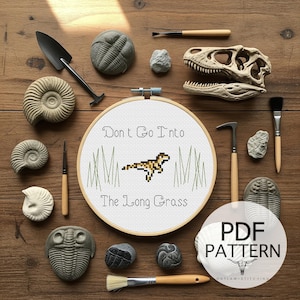 Counted Cross Stitch Pattern - Jurassic Park Don&#39;t Go Into The Long Grass Velociraptor, Jurassic Park, Jurassic World, Dinosaur