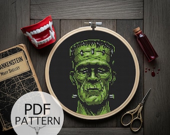 Patrón de punto de cruz contado: Frankenstein, terror clásico, criatura cinematográfica, Halloween, punto de cruz de terror, zombi, punto de cruz espeluznante.