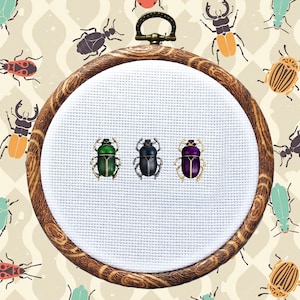 May include: Three embroidered beetles on a white fabric stretched in a wooden embroidery hoop. The beetles are green, black, and purple.