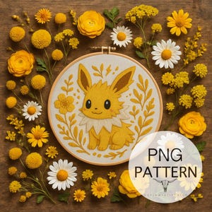 May include: A yellow embroidered hoop art featuring a cartoon character, surrounded by yellow and white flowers. The character has large ears and a fluffy collar. The text "PNG PATTERN" is visible in the lower right corner.