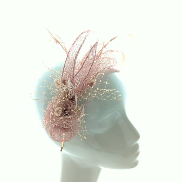 Wedding fascinator, pink fascinator, pink wedding fascinator, pink wedding headband fascinator, pink feather fascinator, pink wedding hat, ceremony hat