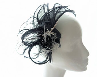 Bruiloft fascinator, zwarte fascinator, zwarte bruiloft fascinator, zwarte fascinator hoed, zwarte ceremoniële fascinator, zwarte fascinator hoofdband, zwarte fascinator hoed