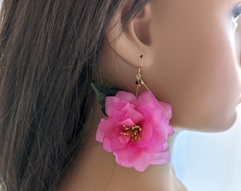 Boucles d'oreilles mariage, boucles d'oreilles fleur, bijoux mariage fleurs, boucles d'oreilles fleurs fuchsia , bijoux mariage bohème