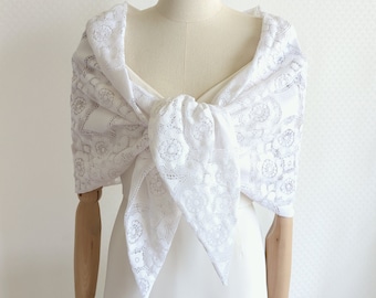 White lace wedding stole, white boho wedding stole, wedding lace shawls, wedding lace scarf, lace bridal shawl