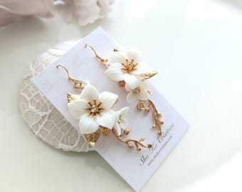 Witte bloem bruiloft oorbellen, witte bloem bruiloft sieraden, boho bruiloft oorbel