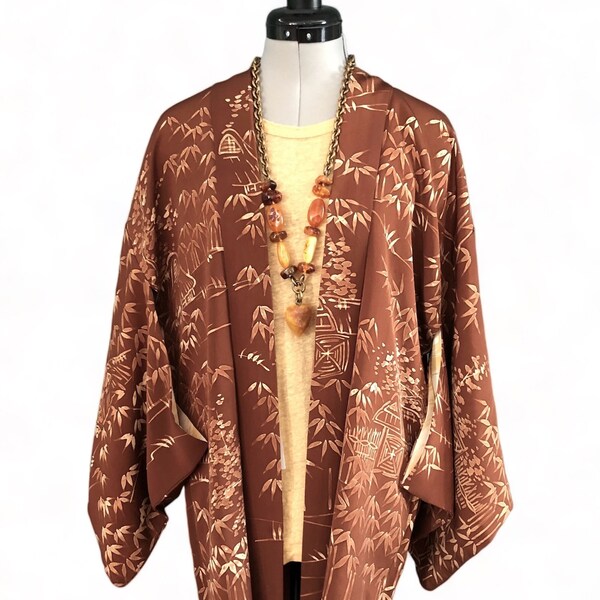 h111 JAPANESE LANDSCAPE, Vintage kimono haori jacket, brown silk with cream bamboo and landscape design, great condition