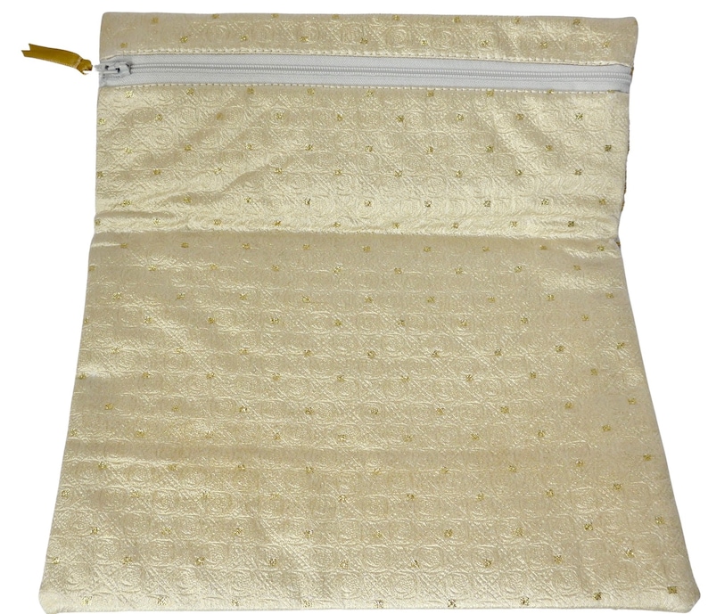 Fully lined and interlined FOLD-OVER CLUTCH Cream and Gold with fine Lace in ivory,\u00a0zip closure.\u00a0 Made /'in-house/' by Arte/'fice
