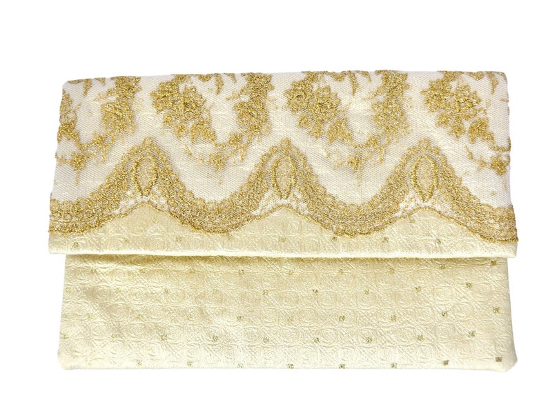 Fully lined and interlined FOLD-OVER CLUTCH Cream and Gold with fine Lace in ivory,\u00a0zip closure.\u00a0 Made /'in-house/' by Arte/'fice