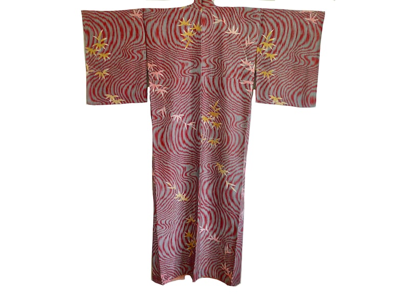 BAMBOO WATER vintage Silk Japanese Kimono with wave and bamboo motifs