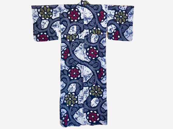 INDIGO FLORAL YUKATA - quality vintage indigo cott