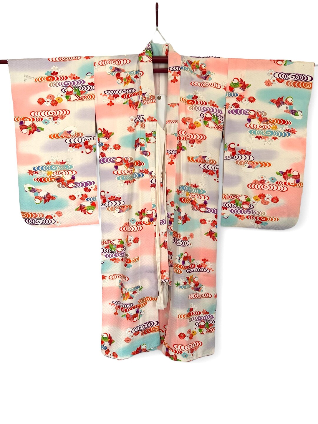 Sayagata Pattern Robe Vintage Girls' Kimono: Sayagata Weave Mandarin Duck Print - Etsy