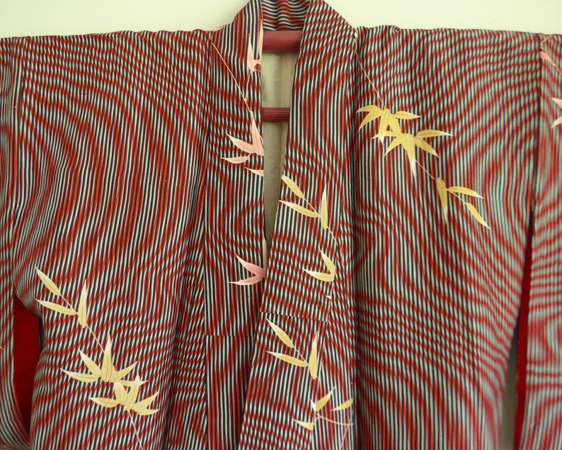 BAMBOO WATER vintage Silk Japanese Kimono with wave and bamboo motifs